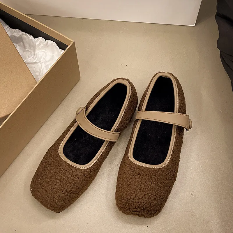 French retro square head plush loafers