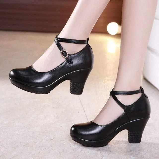 Genuine Leather Mary Janes Pumps With High Heels For Women