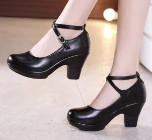 Genuine Leather Mary Janes Pumps With High Heels For Women