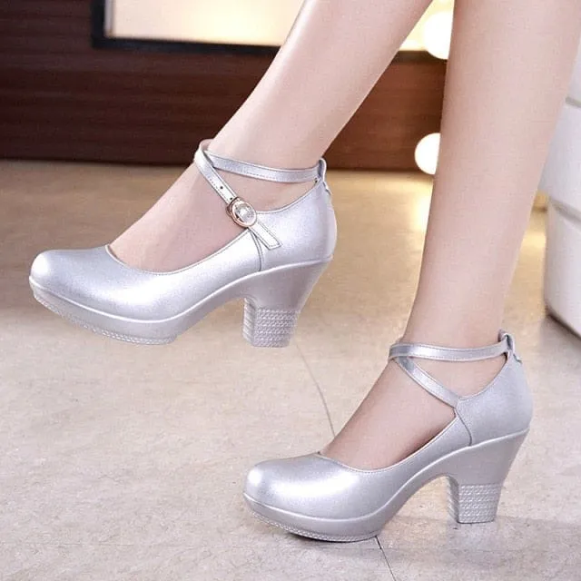 Genuine Leather Mary Janes Pumps With High Heels For Women