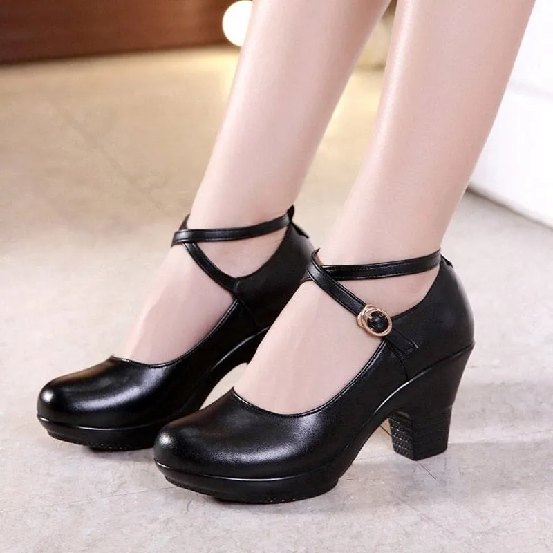 Genuine Leather Mary Janes Pumps With High Heels For Women
