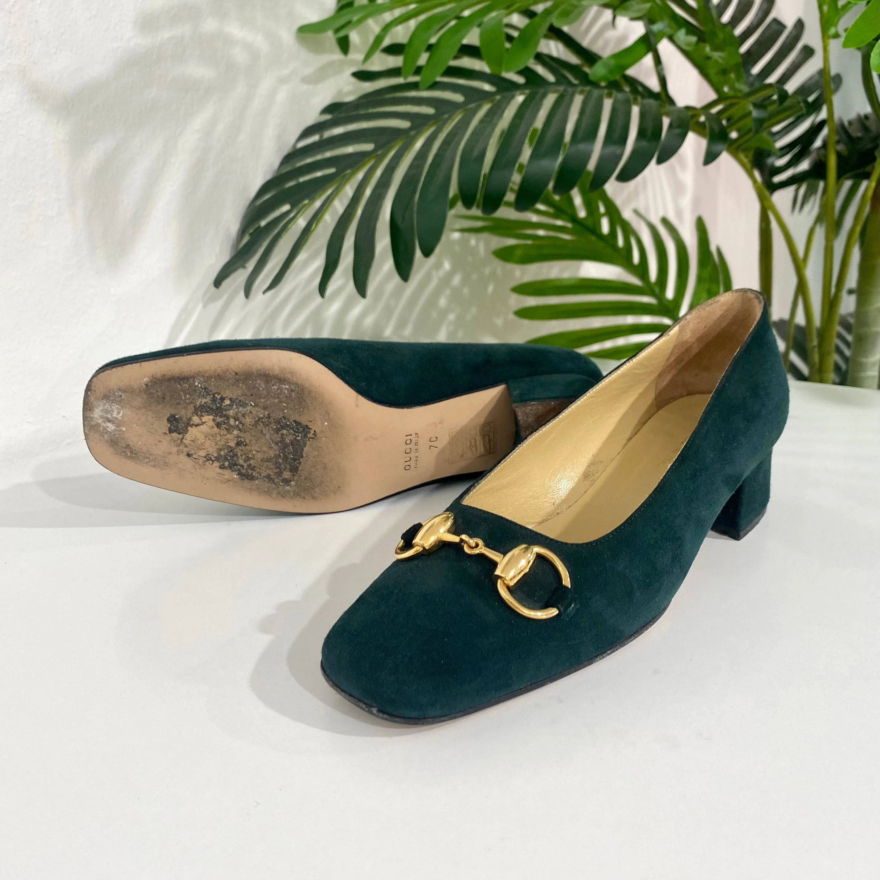 Gucci Green Suede Horsebit Heels