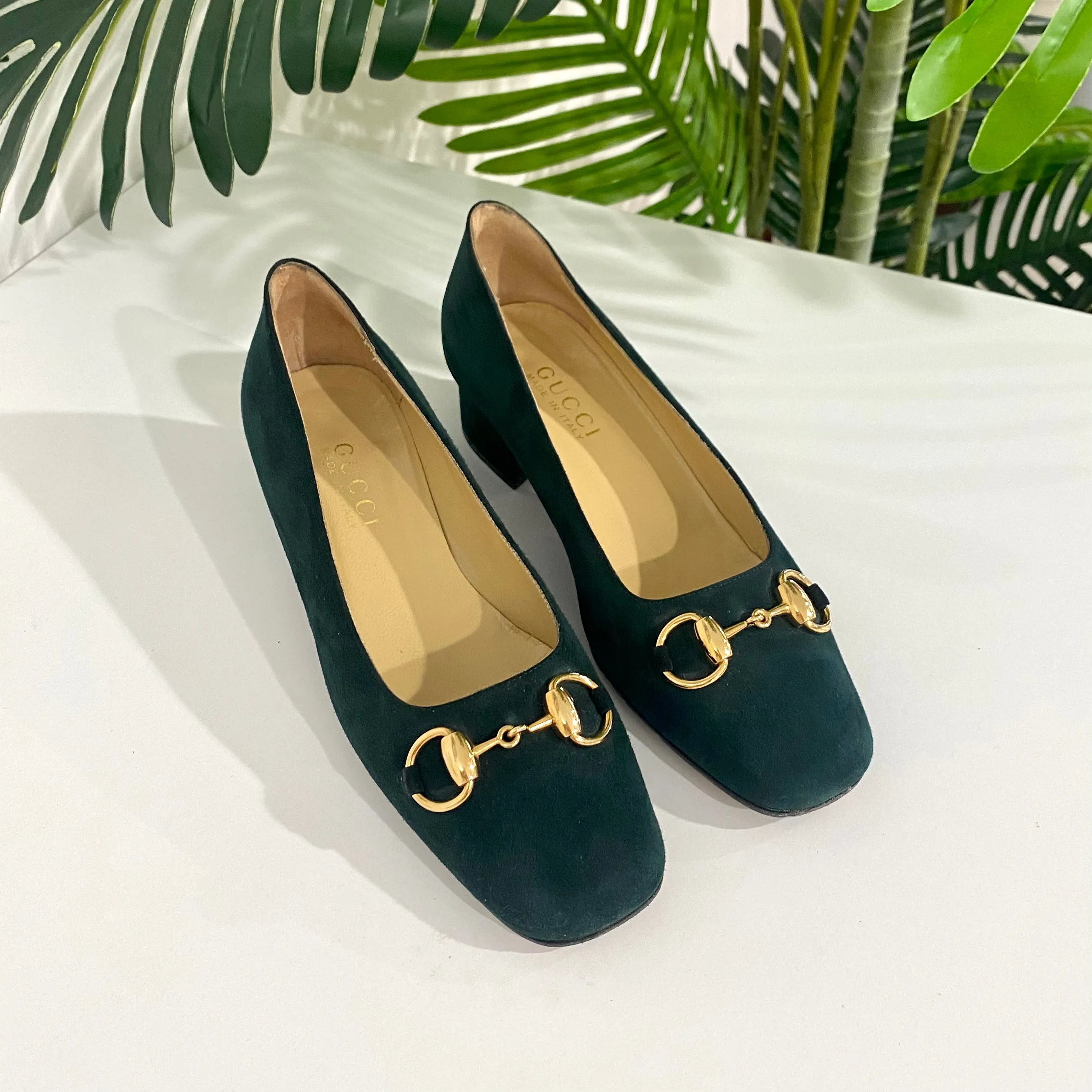 Gucci Green Suede Horsebit Heels