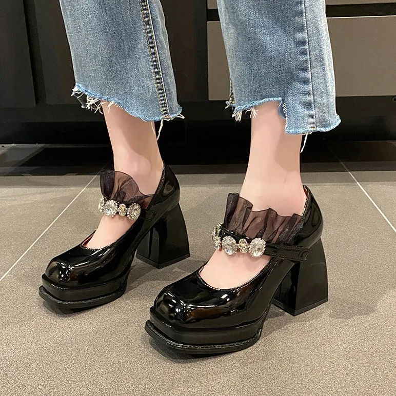 Joskaa Lolita Shoes Spring Women's Patent Leather Square Toe High-Heeled Leather Shoes Retro Buckle Platform Platform Shoes Black Heels