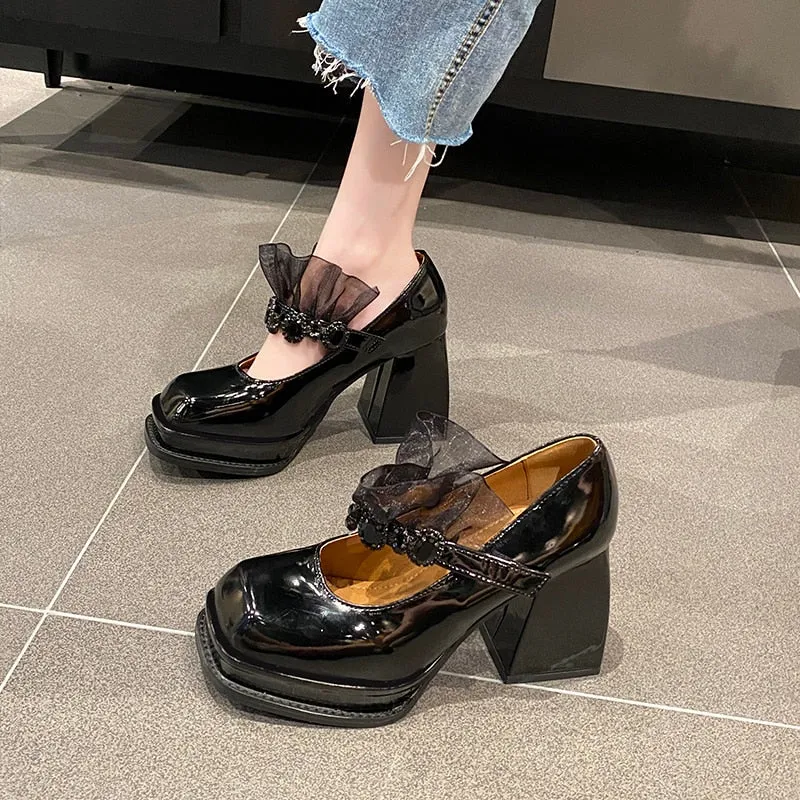 Joskaa Lolita Shoes Spring Women's Patent Leather Square Toe High-Heeled Leather Shoes Retro Buckle Platform Platform Shoes Black Heels