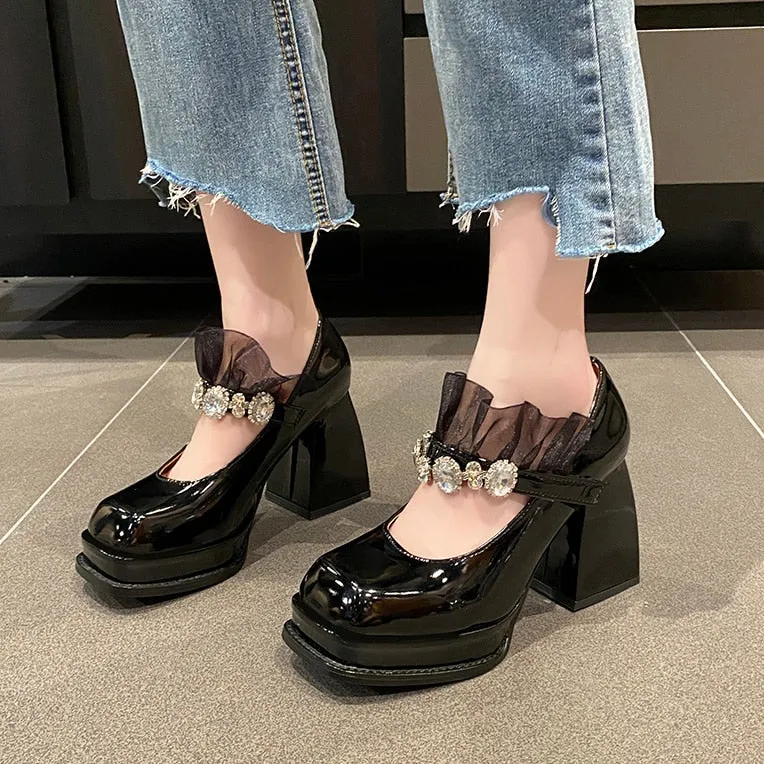 Joskaa Lolita Shoes Spring Women's Patent Leather Square Toe High-Heeled Leather Shoes Retro Buckle Platform Platform Shoes Black Heels
