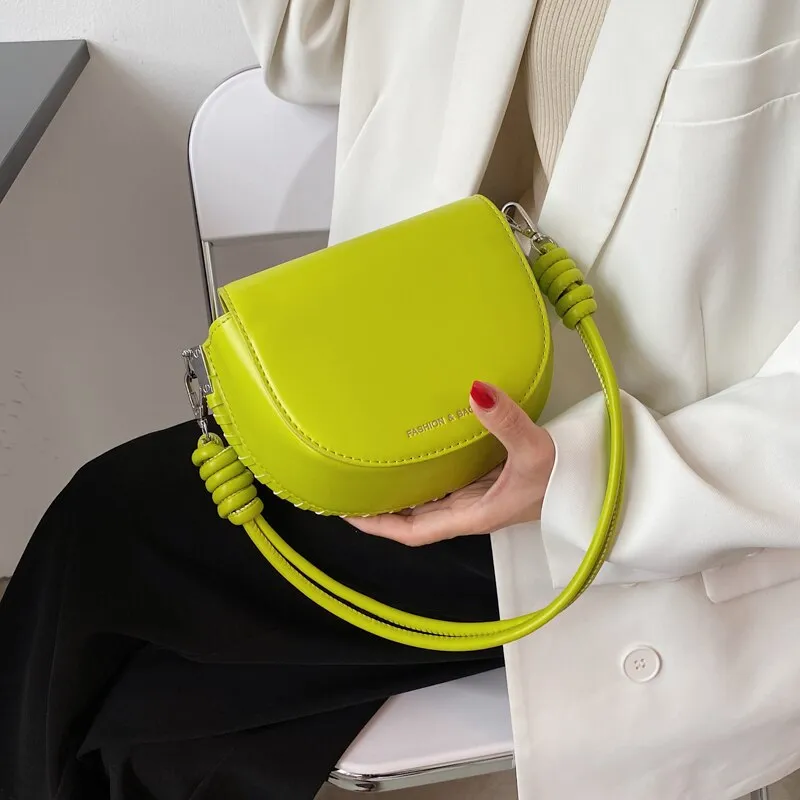 Kiwi Green Small Fashion PU Leather Saddle Crossbody Bag for Women 2021 Summer Luxury Baguette Shoulder Purses and Handbags