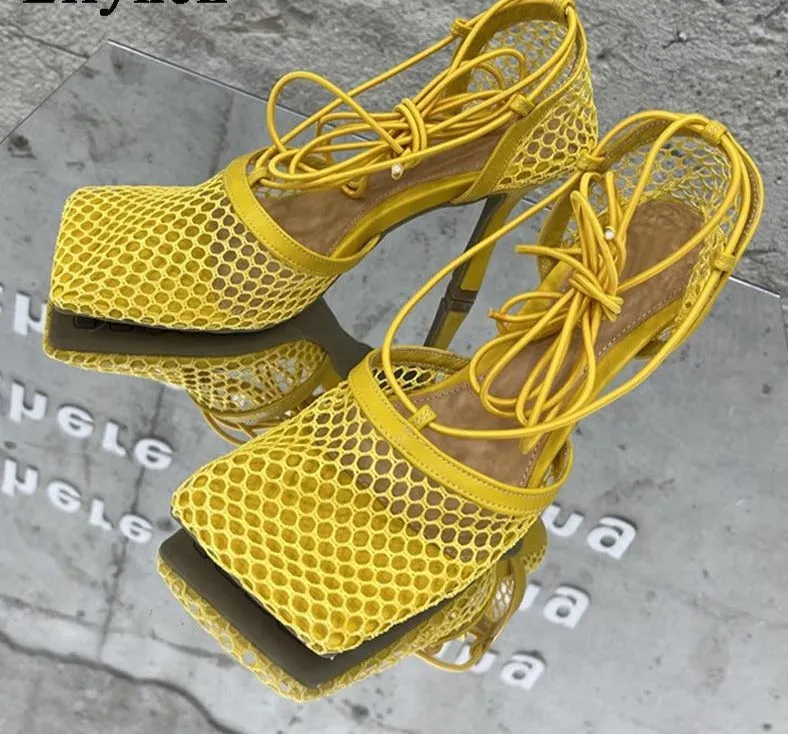 Lace Up Mesh High Heels