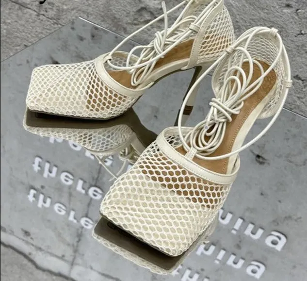 Lace Up Mesh High Heels