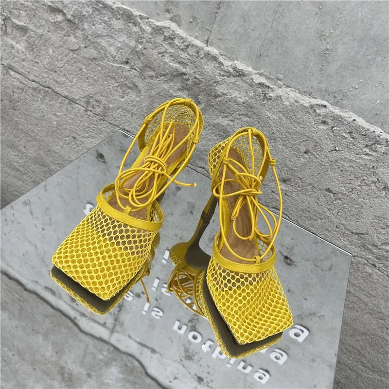 Lace Up Mesh High Heels