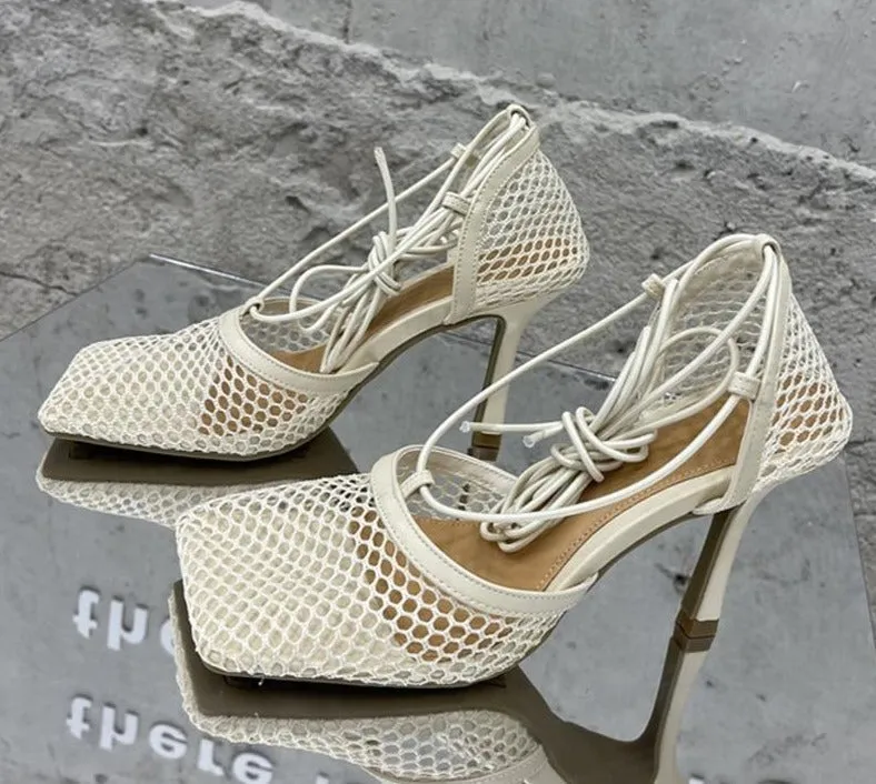 Lace Up Mesh High Heels