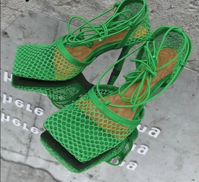 Lace Up Mesh High Heels