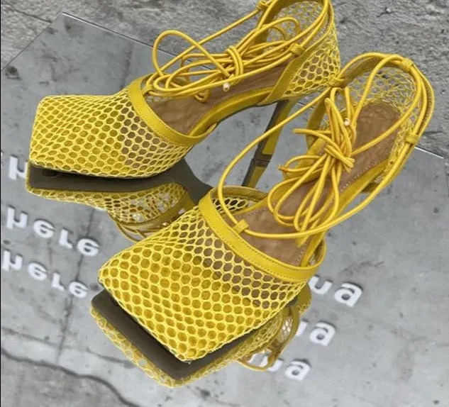 Lace Up Mesh High Heels