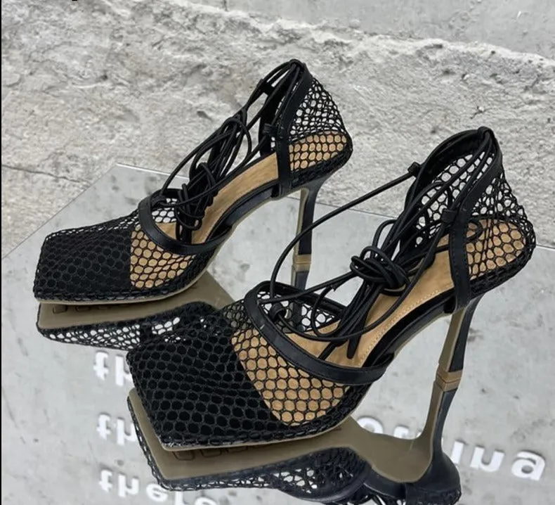 Lace Up Mesh High Heels