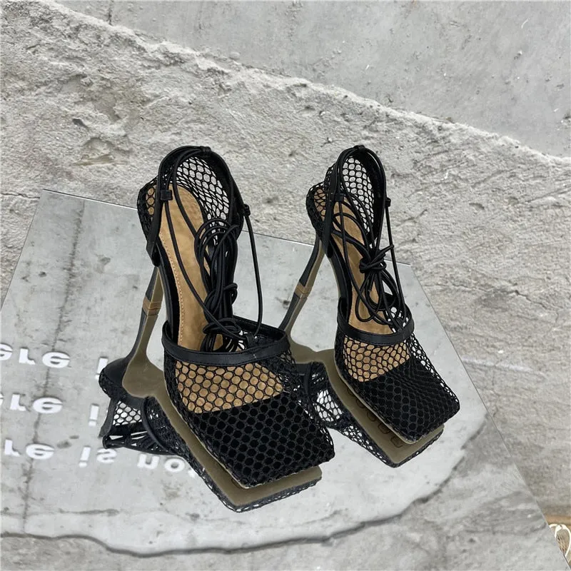 Lace Up Mesh High Heels