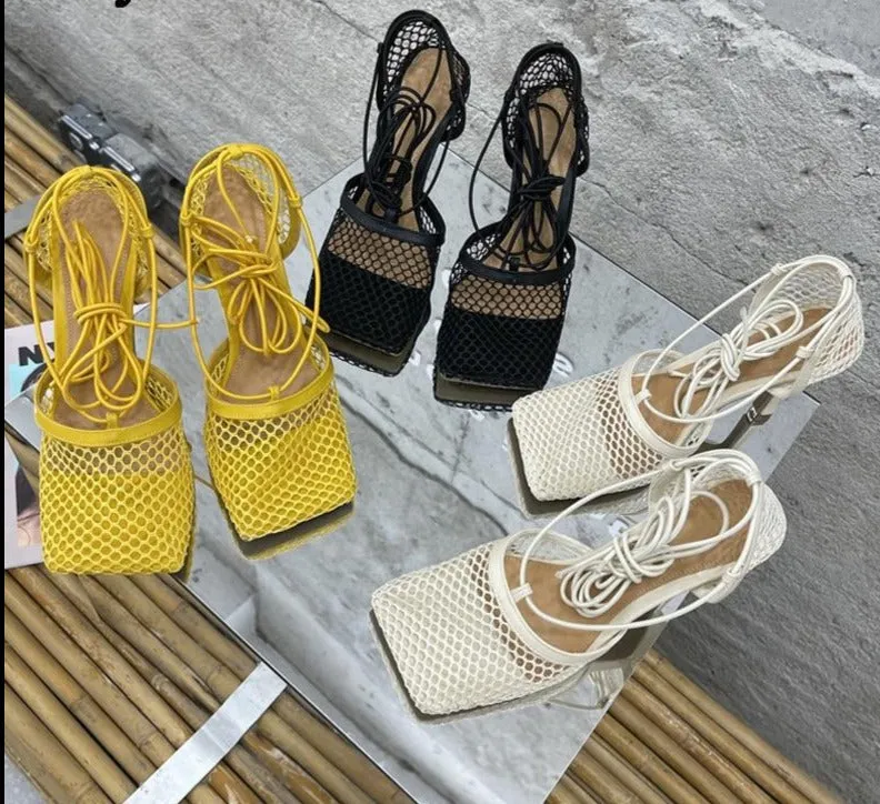 Lace Up Mesh High Heels