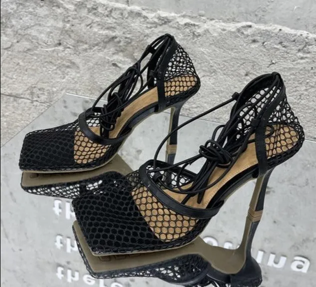 Lace Up Mesh High Heels