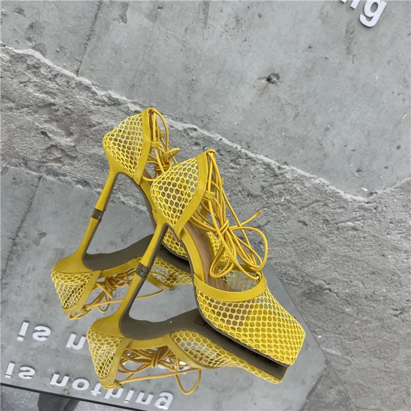 Lace Up Mesh High Heels