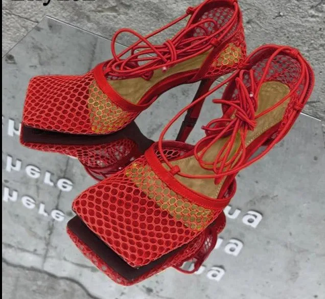 Lace Up Mesh High Heels