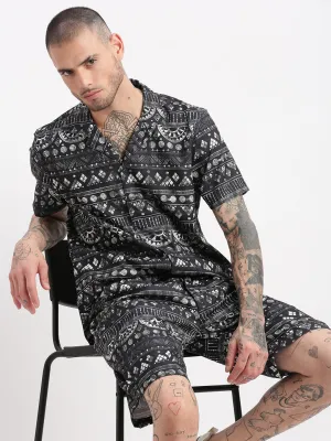 Men Geometric Print Cuban Collar Charcoal Co-Ords Set
