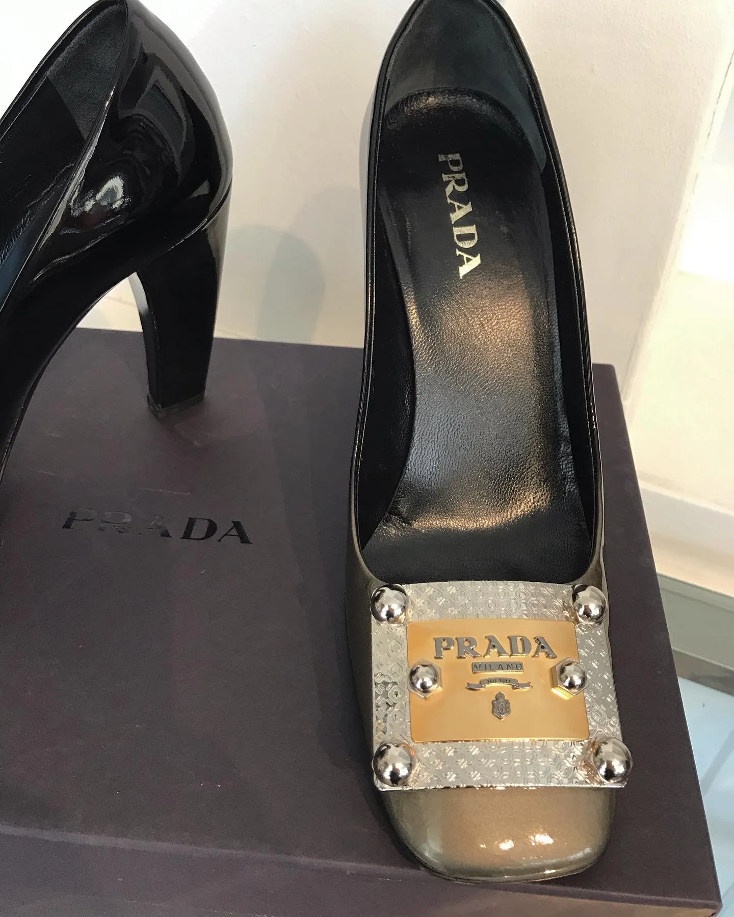 PRADA Patent Leather Logo Plate Square Toe High-Heel Pumps