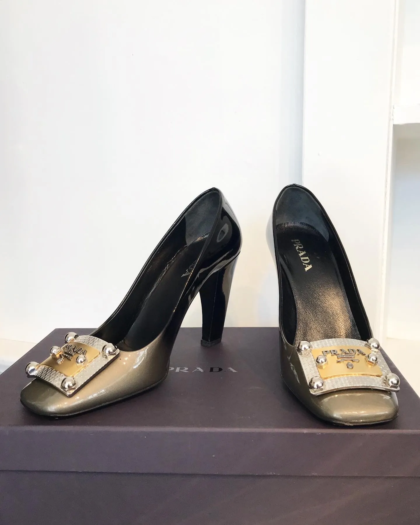 PRADA Patent Leather Logo Plate Square Toe High-Heel Pumps