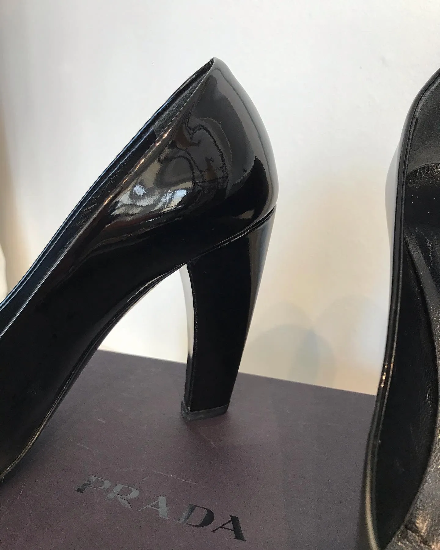 PRADA Patent Leather Logo Plate Square Toe High-Heel Pumps