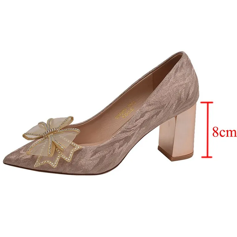 Rimocy Silk Bowknot Square Heels Pumps Women  New Crystal Slip-on High Heels Shoes Ladies Sexy Point Toe Shining Party Shoes