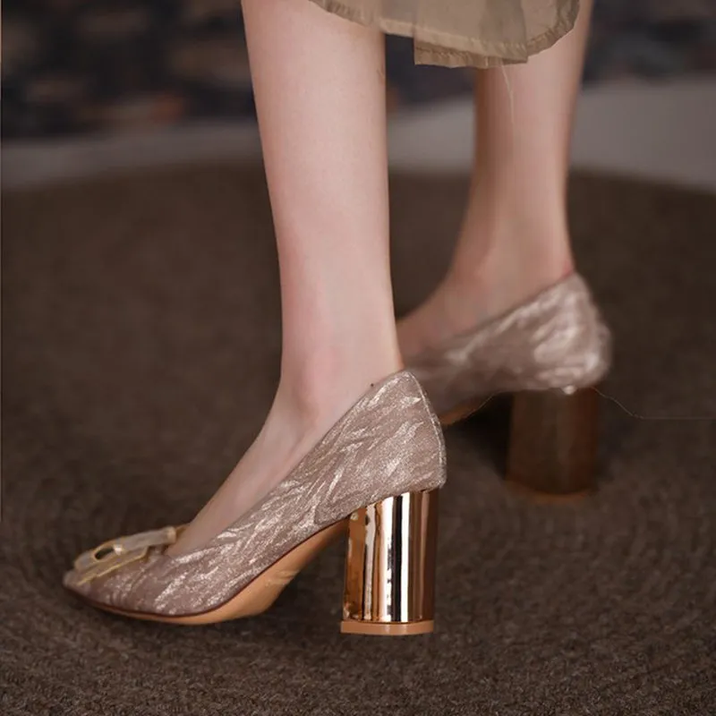 Rimocy Silk Bowknot Square Heels Pumps Women  New Crystal Slip-on High Heels Shoes Ladies Sexy Point Toe Shining Party Shoes