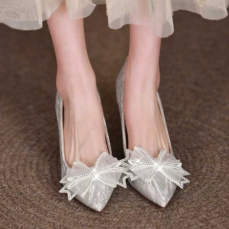 Rimocy Silk Bowknot Square Heels Pumps Women  New Crystal Slip-on High Heels Shoes Ladies Sexy Point Toe Shining Party Shoes