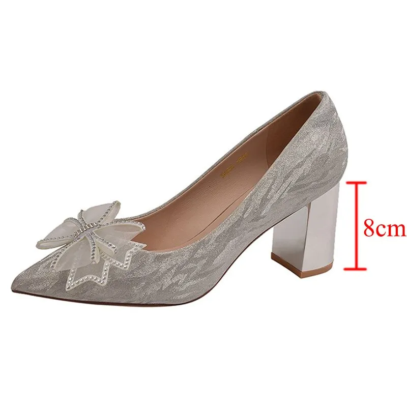 Rimocy Silk Bowknot Square Heels Pumps Women  New Crystal Slip-on High Heels Shoes Ladies Sexy Point Toe Shining Party Shoes