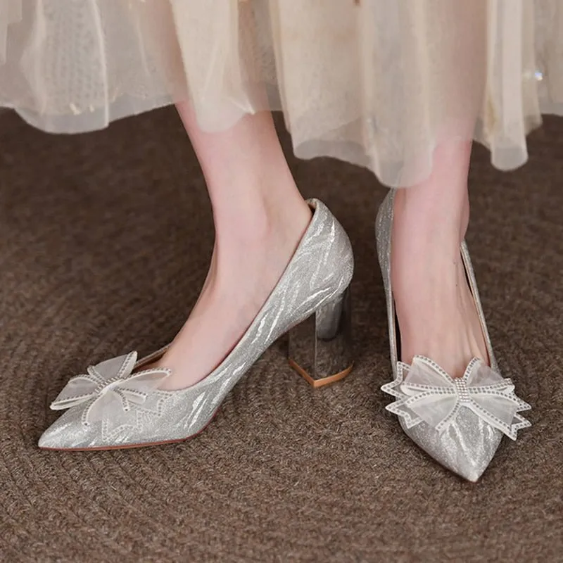 Rimocy Silk Bowknot Square Heels Pumps Women  New Crystal Slip-on High Heels Shoes Ladies Sexy Point Toe Shining Party Shoes