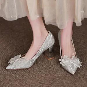 Rimocy Silk Bowknot Square Heels Pumps Women  New Crystal Slip-on High Heels Shoes Ladies Sexy Point Toe Shining Party Shoes