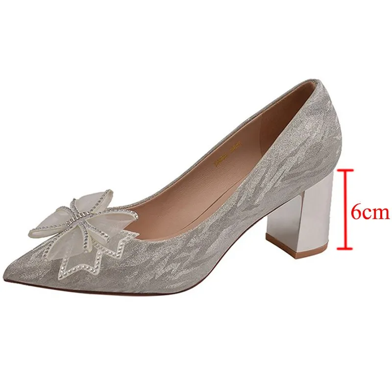 Rimocy Silk Bowknot Square Heels Pumps Women  New Crystal Slip-on High Heels Shoes Ladies Sexy Point Toe Shining Party Shoes