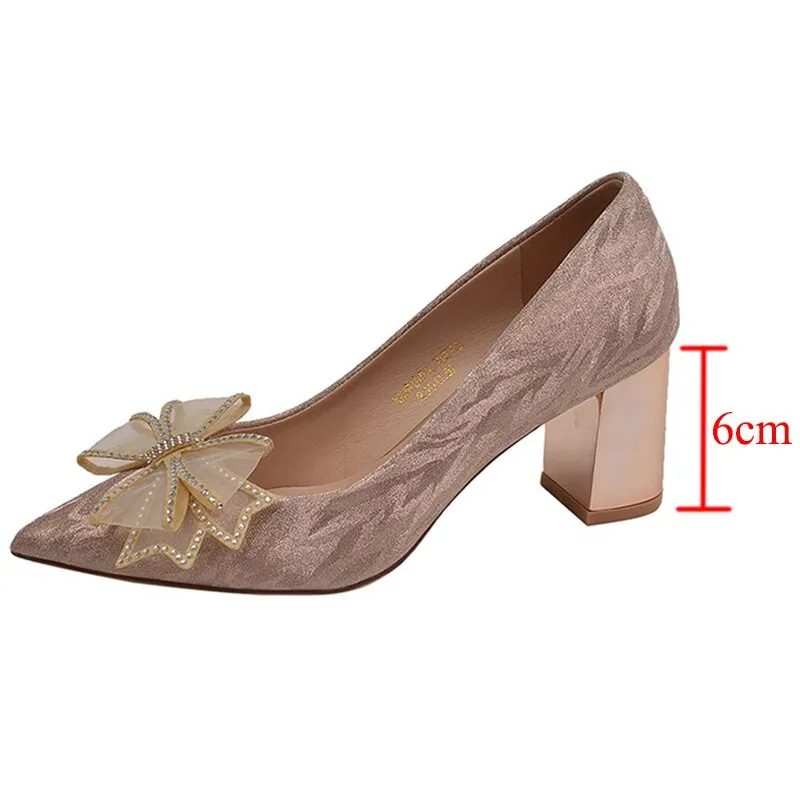 Rimocy Silk Bowknot Square Heels Pumps Women  New Crystal Slip-on High Heels Shoes Ladies Sexy Point Toe Shining Party Shoes