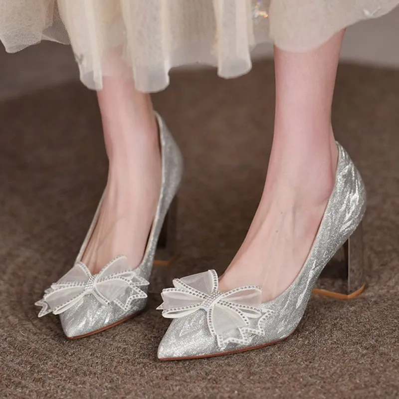 Rimocy Silk Bowknot Square Heels Pumps Women  New Crystal Slip-on High Heels Shoes Ladies Sexy Point Toe Shining Party Shoes