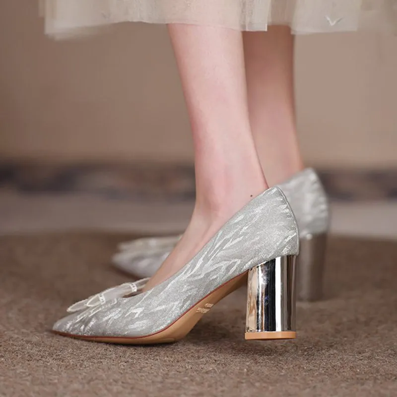 Rimocy Silk Bowknot Square Heels Pumps Women  New Crystal Slip-on High Heels Shoes Ladies Sexy Point Toe Shining Party Shoes