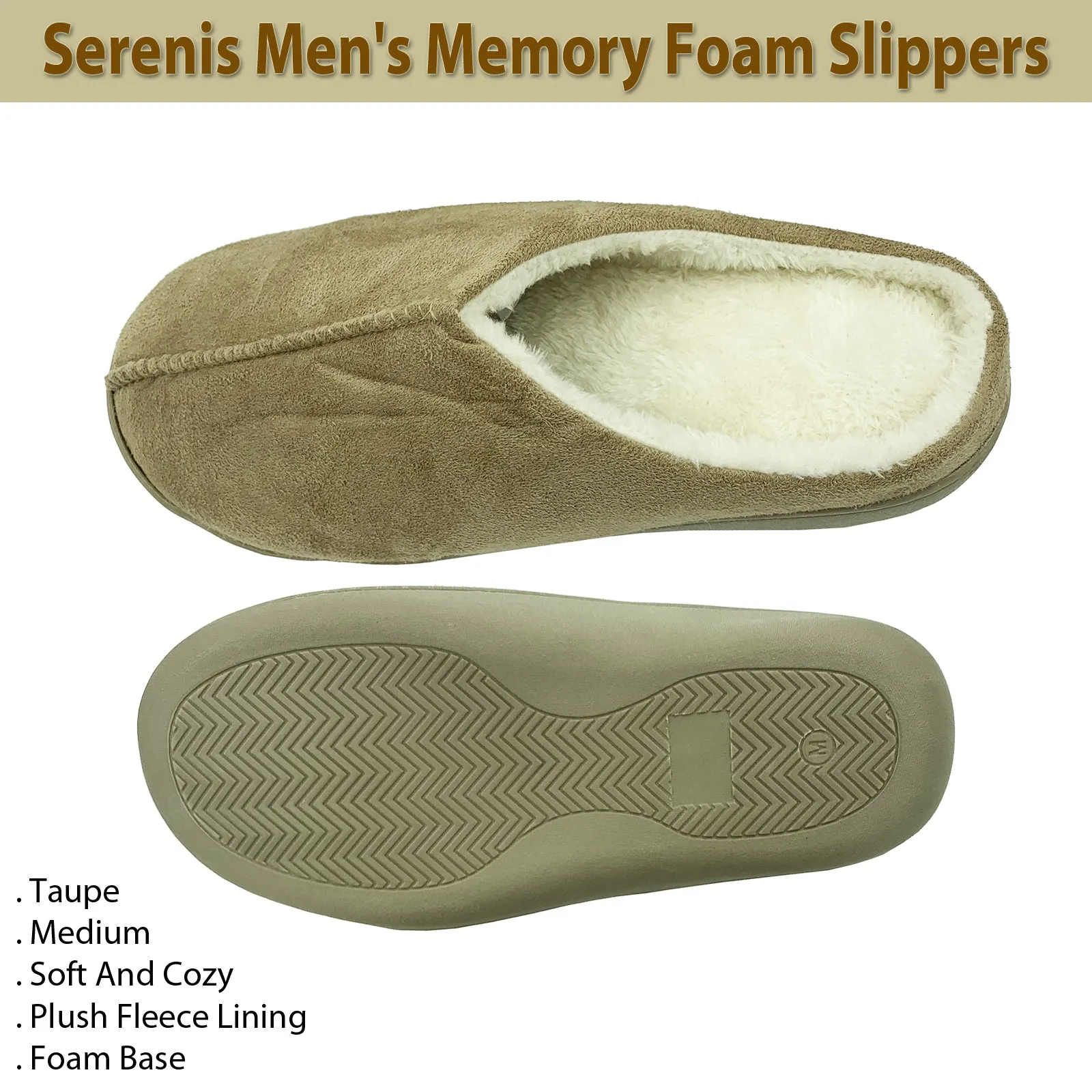 Serenis Men's Memory Foam Slippers, Taupe- Medium (8-9)