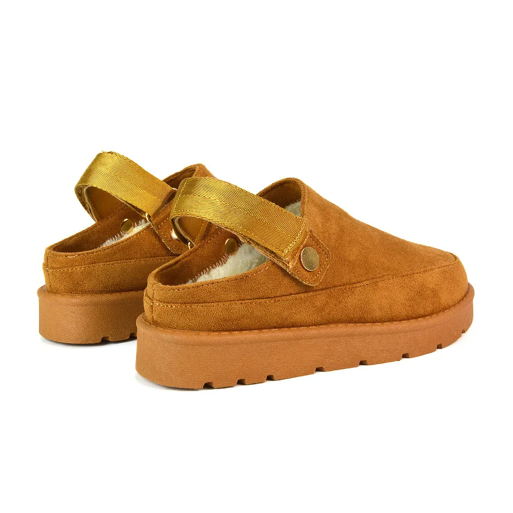 Sienna Closed Toe Clogs Strap Slingback Faux Fur Lined Comfy Slippers in Chestnut