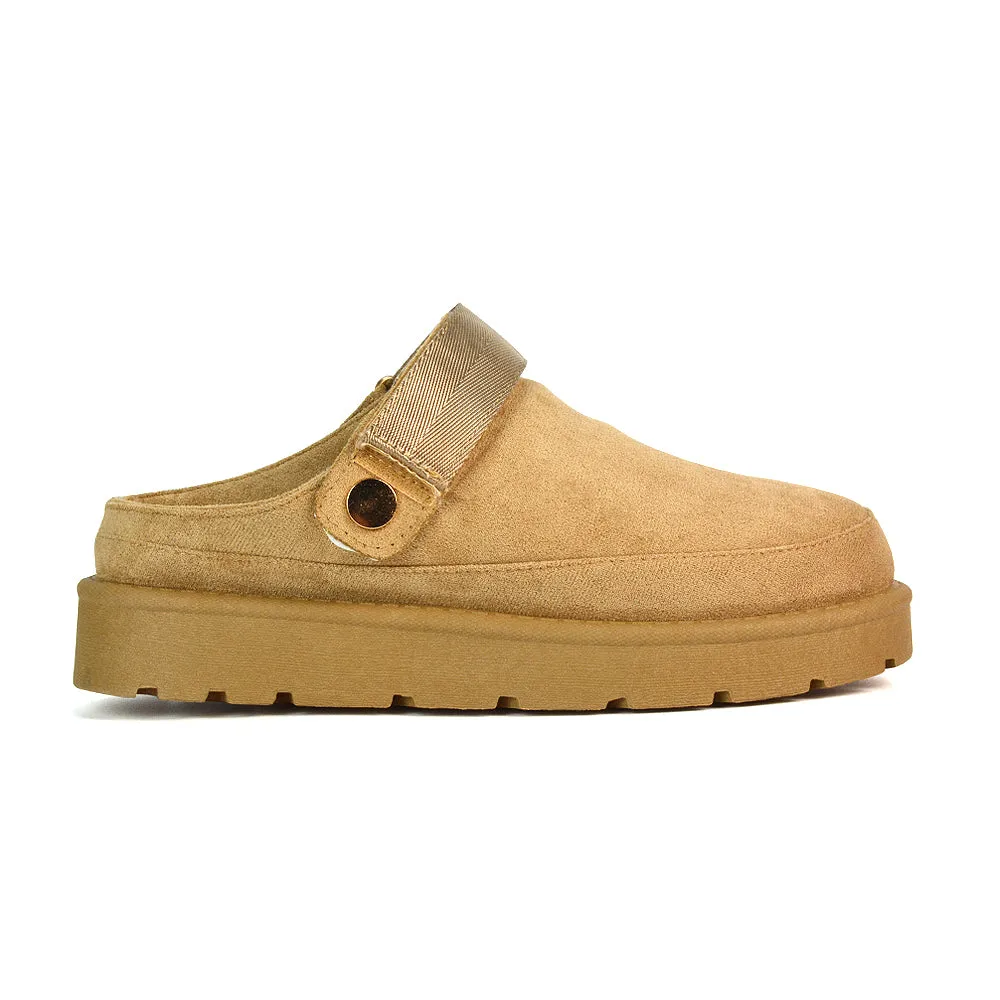 Sienna Closed Toe Clogs Strap Slingback Faux Fur Lined Comfy Slippers in Chestnut