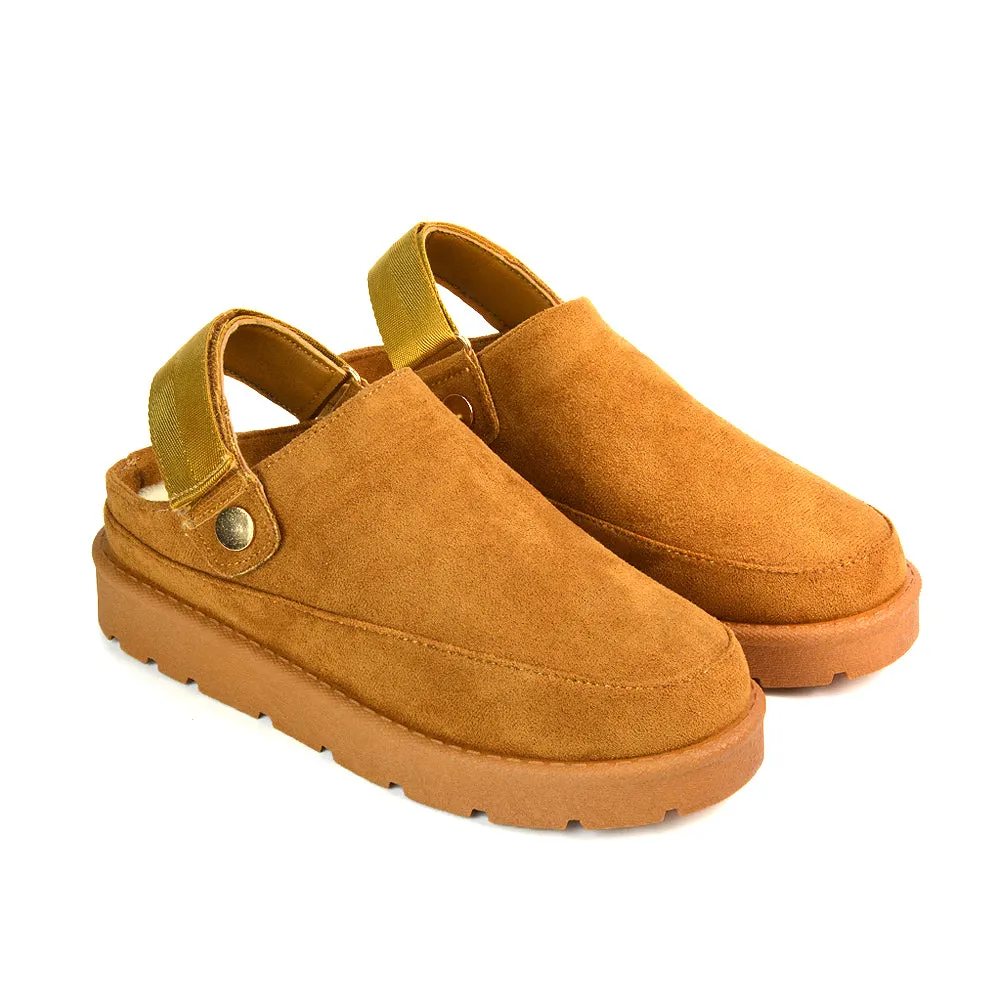 Sienna Closed Toe Clogs Strap Slingback Faux Fur Lined Comfy Slippers in Chestnut