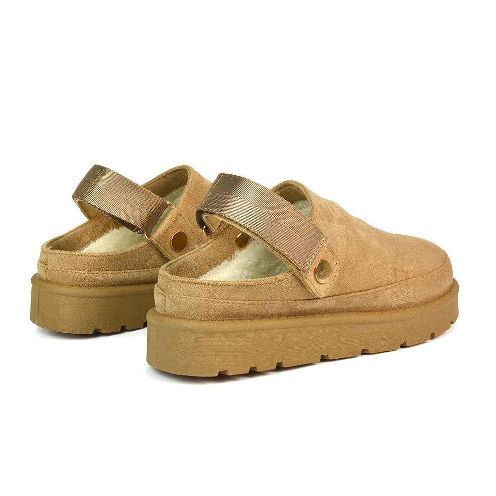 Sienna Closed Toe Clogs Strap Slingback Faux Fur Lined Comfy Slippers in Chestnut