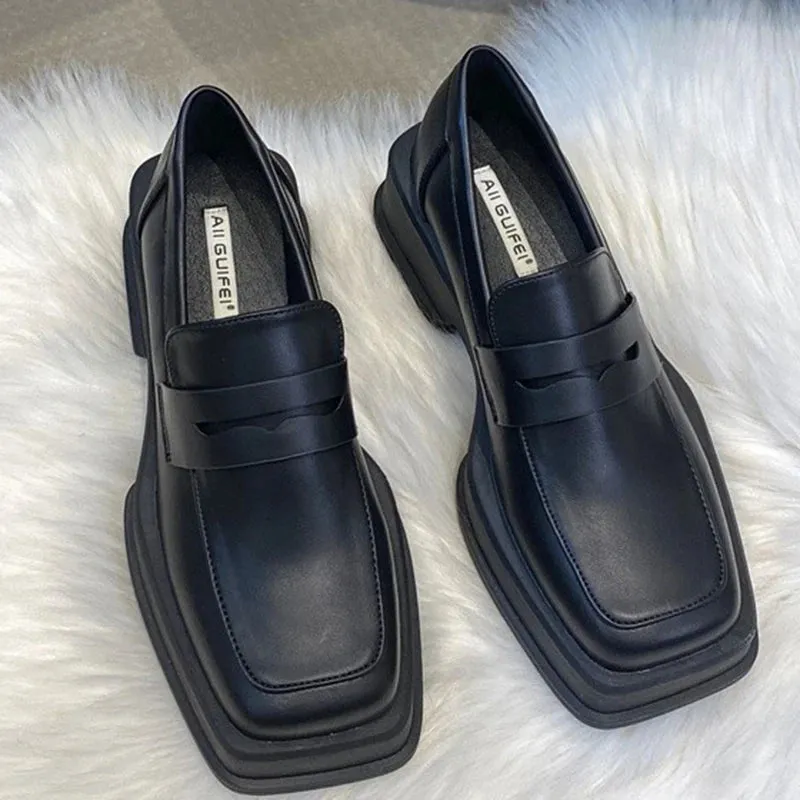 Sohiwoo Bf Style Square Toe Loafers Women Spring Patent Leather Platform Pumps Woman Slip On Thick Heels Oxford Shoes Jk Shoes
