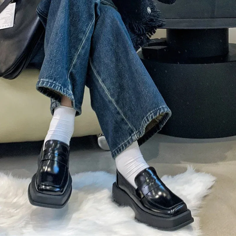 Sohiwoo Bf Style Square Toe Loafers Women Spring Patent Leather Platform Pumps Woman Slip On Thick Heels Oxford Shoes Jk Shoes
