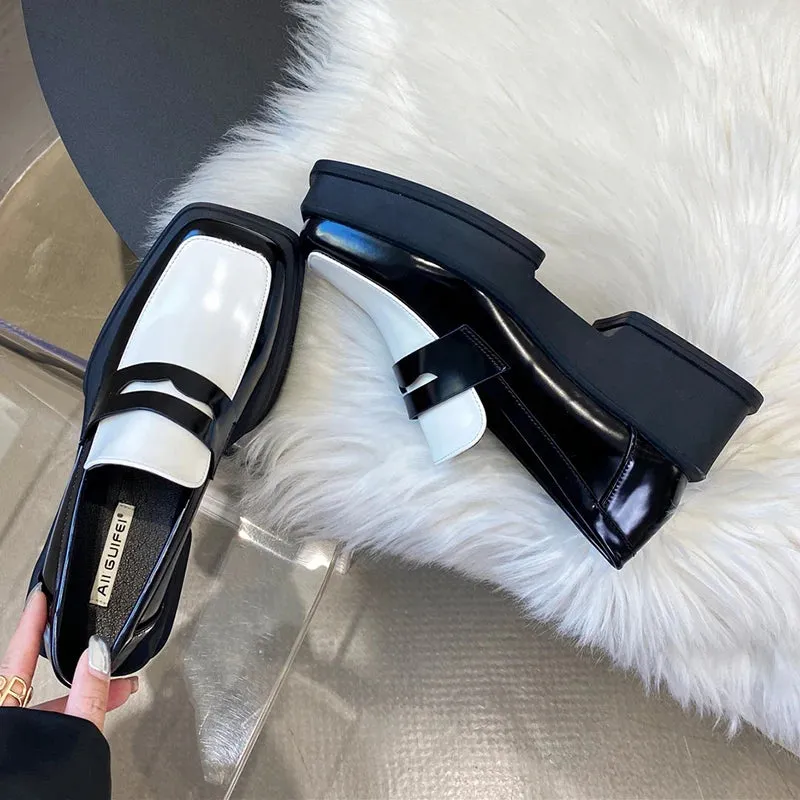 Sohiwoo Bf Style Square Toe Loafers Women Spring Patent Leather Platform Pumps Woman Slip On Thick Heels Oxford Shoes Jk Shoes