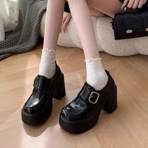 Sohiwoo Gothic Chunky High Heels Loafers for Woman Fashion Buckle Platform Pumps Woman Slip On Thick Heel Pu Leather Shoes
