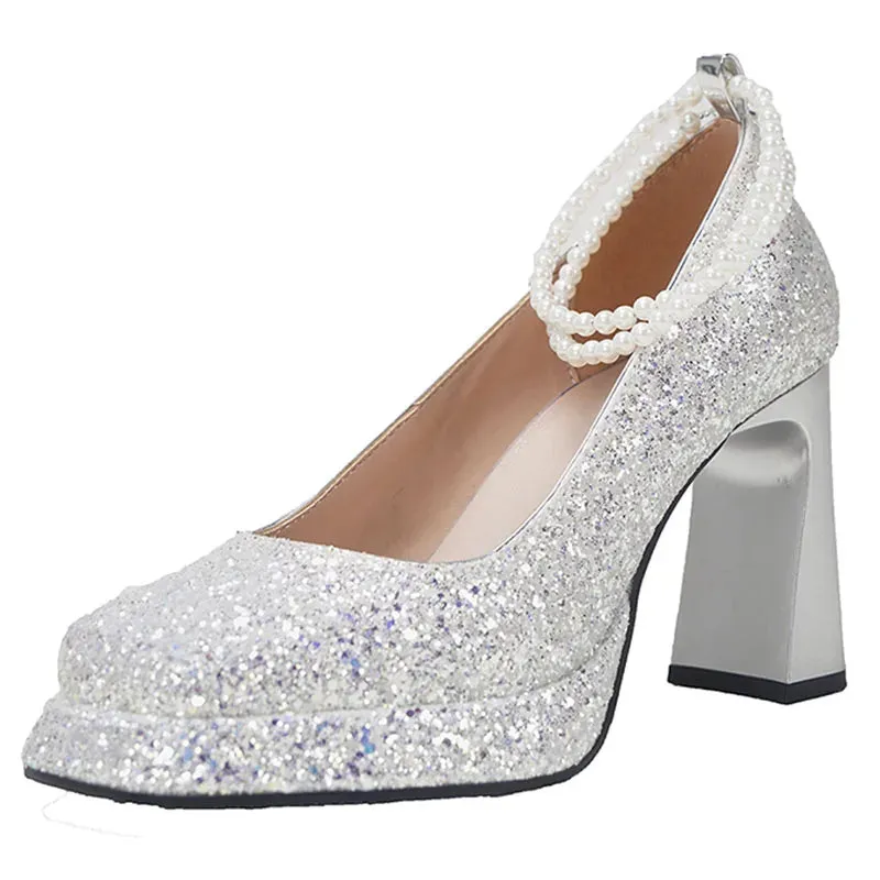 Sohiwoo Silver Gold Bling Wedding Shoes Women Pearl Ankle Strap High Heels Pumps Woman Square Toe Strange Heel Shiny Glitter Prom Shoes