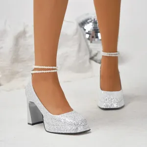 Sohiwoo Silver Gold Bling Wedding Shoes Women Pearl Ankle Strap High Heels Pumps Woman Square Toe Strange Heel Shiny Glitter Prom Shoes