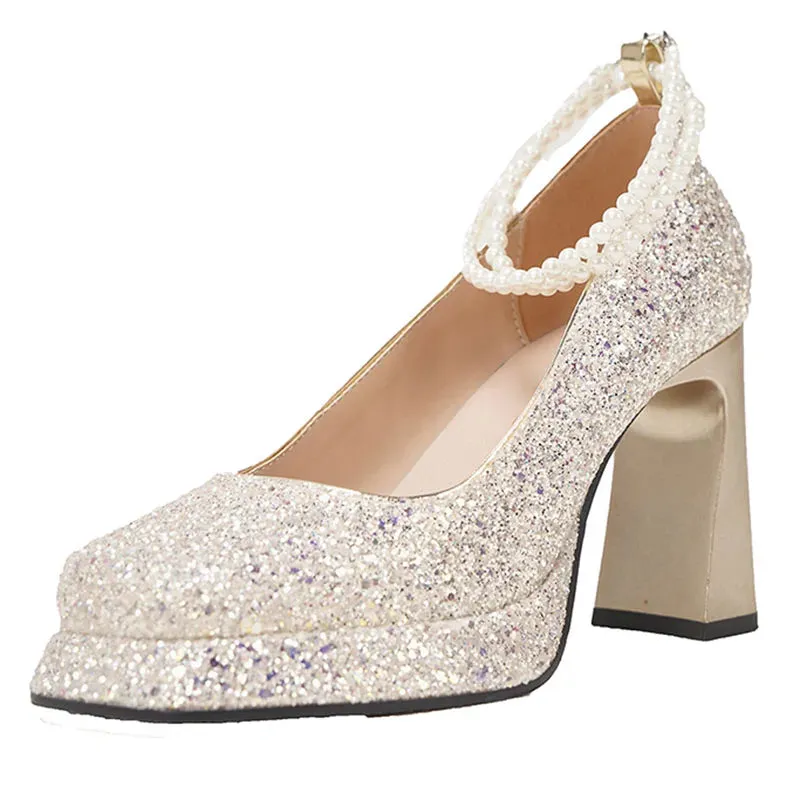 Sohiwoo Silver Gold Bling Wedding Shoes Women Pearl Ankle Strap High Heels Pumps Woman Square Toe Strange Heel Shiny Glitter Prom Shoes