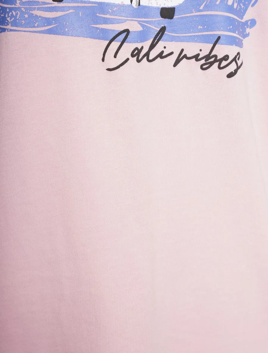 Surfs Up Motif Cotton Crew Neck T-shirt in Pink Almond Blossom - South Shore